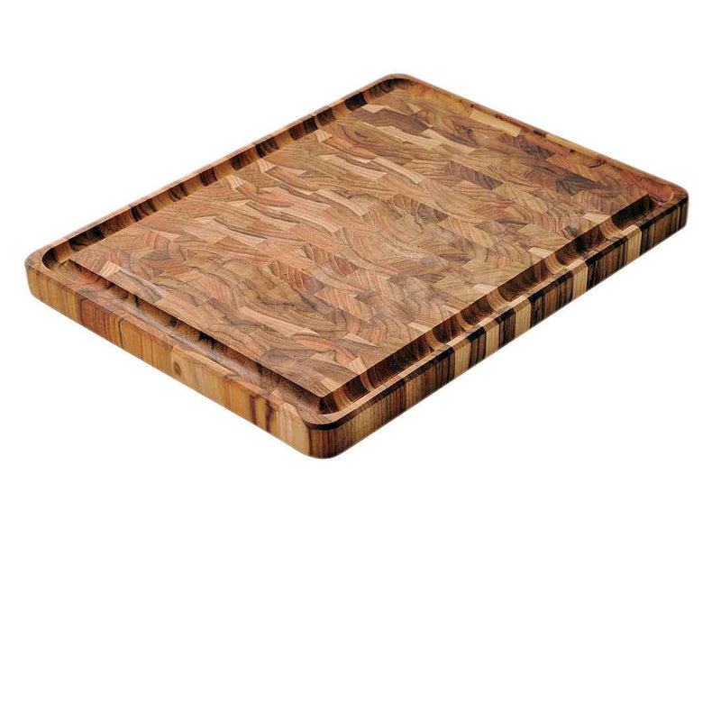 Leikkuulauta Teak Butcher's Block - 45x34x3 cm, öljykäsitelty tiikkipuu, nesteuralla varustettu keittiöväline lihan käsittelyyn.