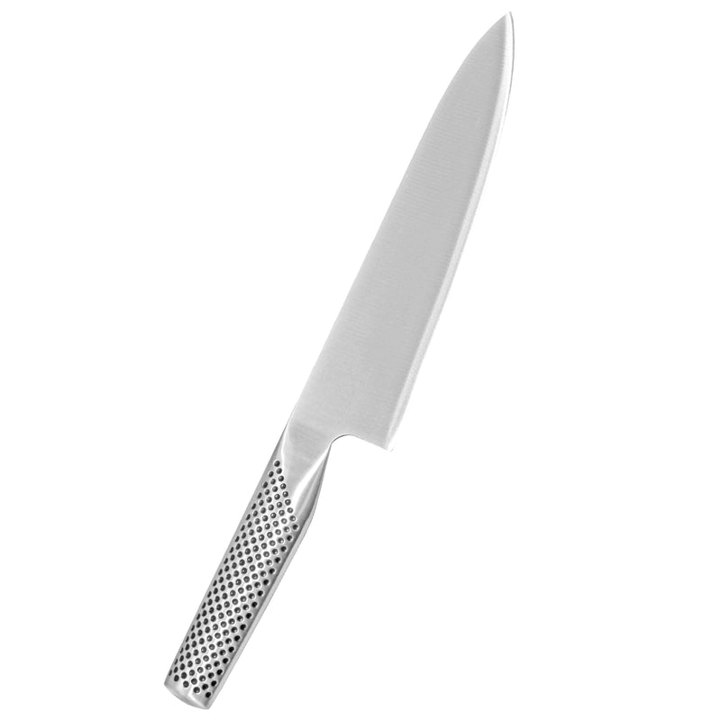 Global Classic G-2 kokkiveitsi 20 cm, japanilainen monikäyttöinen veitsi, CROMOVA18-teräs, rei’itetty Global-kahva, profiilikuvassa.