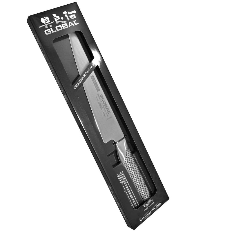 Global Classic G-20 filettiveitsi 21 cm pakkauksessa, musta laatikko, Global-logo ja japanilaiset merkit