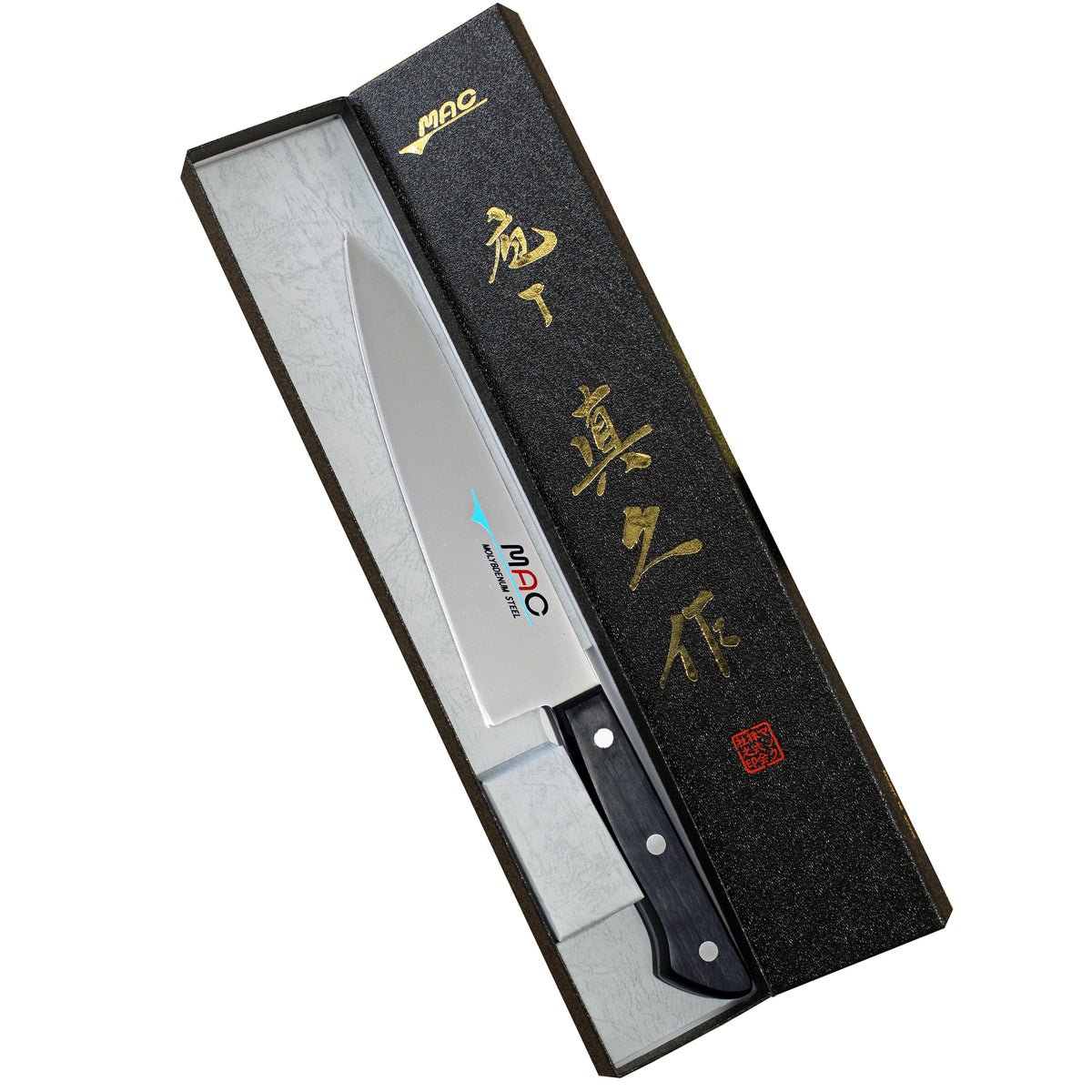 MAC Kokkiveitsi 18cm lahjapakkauksessa, täydellinen lahja keittiömestareille. Japanilainen laatu ja tyylikäs esillepano.