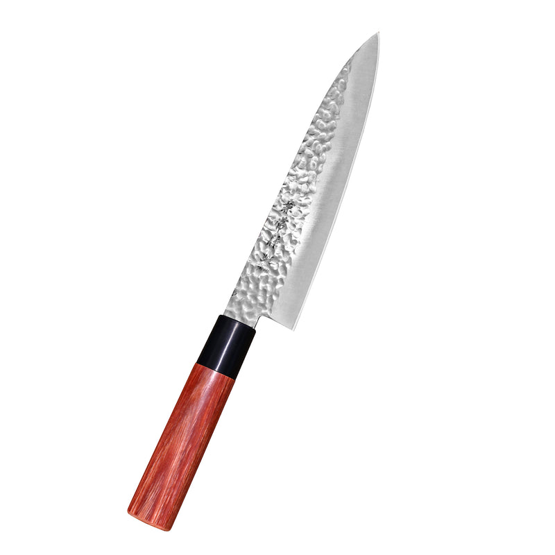 Kanetsune Seki KC-950 kokkiveitsi 18 cm, vasaroitu terä ja punaruskea puukahva. Japanilainen huippuveitsi keittiöön.