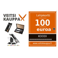 Veitsikauppa lahjakortti 100 euroa, täydellinen lahja ystäville. Kuvassa veitsisetti ja lahjakortin tiedot.