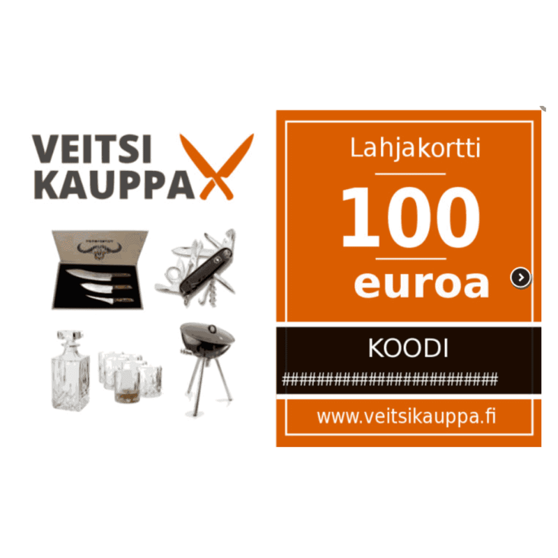Veitsikauppa lahjakortti 100 euroa, lahjaksi ystäville. Kuvassa veitsisetti, tarvikkeet ja lahjakortin tiedot.