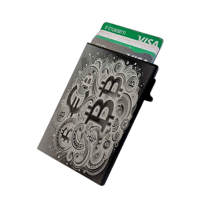 Kaiverrus - Lasermerkkaus metalliseen korttikoteloon kryptosymboleilla, yksilöllinen lahja ilman kemikaaleja.