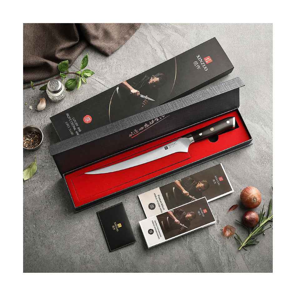 Xinzuo Fileerausveitsi 23 cm lahjapakkauksessa, terävä hiiliterästerä ja ergonominen kahva, ammattilaiskäyttöön keittiöveitsikategoriassa.