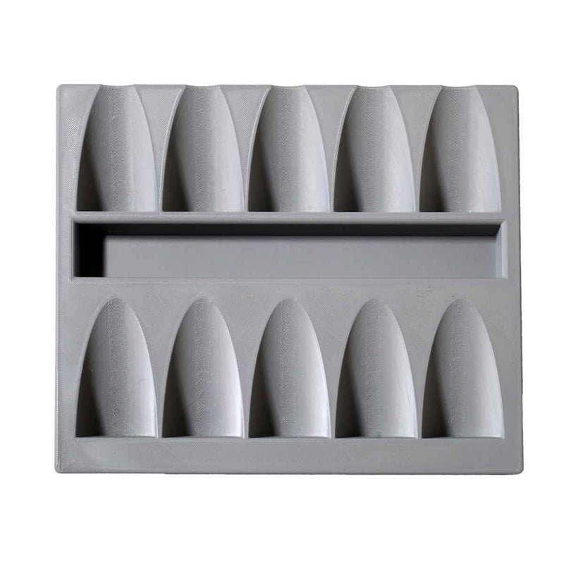 Tyhjä harmaa Maustepurkkiteline vetolaatikkoon - 10 paikkaa, 3D-tulostettu säilytysratkaisu keittiön maustepurkeille.