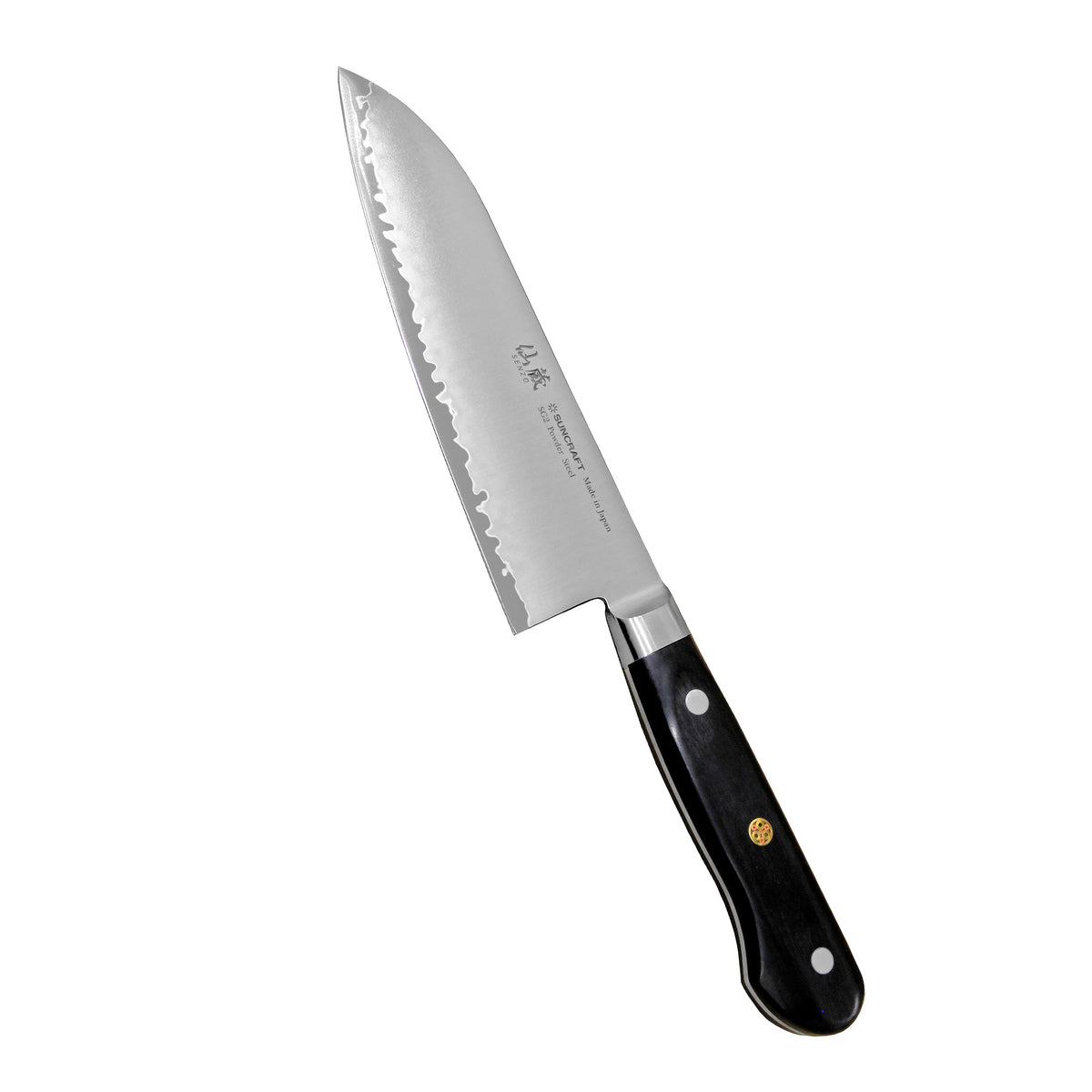 Suncraft Senzo Pro Santoku - Täysi Ruoto Veitsi 16.5 cm, japanilainen kokkiveitsi, jossa terävä SG2-terä ja kolmella niitillä kiinnitetty puukahva.