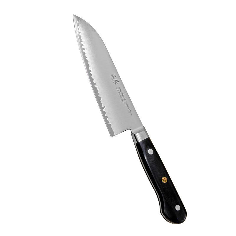 Suncraft Senzo Pro Santoku - Täysi Ruoto Veitsi 16.5 cm, japanilainen kokkiveitsi, jossa terävä SG2-terä ja kolmella niitillä kiinnitetty puukahva.