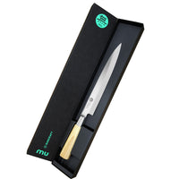 Suncraft MU Bamboo sashimiveitsi 21 cm tyylikkäässä lahjapakkauksessa. Erinomainen lahja keittiöharrastajalle tai ammattilaiselle.