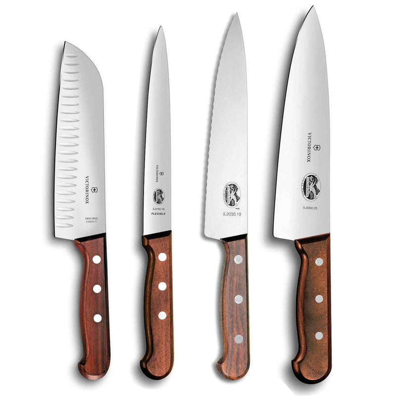 Victorinox veitsisarja puukahvoilla, 4-osainen setti. Sisältää kokkiveitsen, santokuveitsen, fileerausveitsen ja yleisveitsen keittiöön.