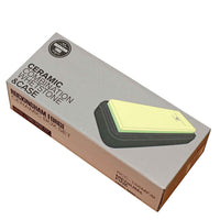 Grunwerg Teroituskivi 1000/3000 sileä veitsille, myyntipakkauksessa oleva keraaminen yhdistelmäteroituskivi ja säilytyskotelo keittiövarusteisiin.