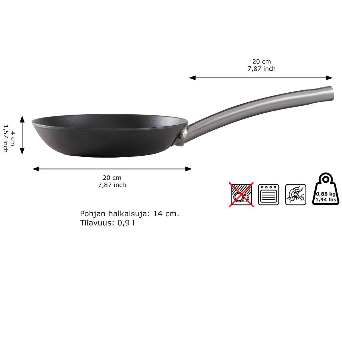 Skottsberg Paistinpannu 20 cm mittatiedot: pohjan halkaisija 14 cm, tilavuus 0,9 l, paino 0,88 kg, uuninkestävä ja sopii induktiolle.