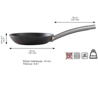 Skottsberg Paistinpannu 20 cm mittatiedot: pohjan halkaisija 14 cm, tilavuus 0,9 l, paino 0,88 kg, uuninkestävä ja sopii induktiolle.