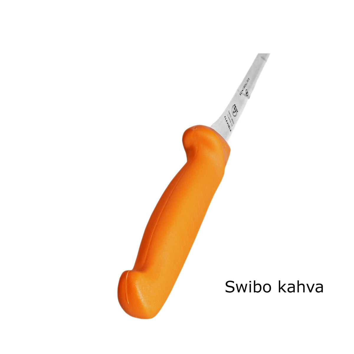 Swibo kahva Victorinox kokkiveitsessä, ergonominen oranssi polyamidikahva takaa hyvän otteen ja kestävyyden keittiötyössä.