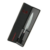 Suncraft Senzo Damascus vihannesveitsi lahjapakkauksessa. 12 cm VG10-terä, pakkapuukahva ja japanilainen käsityö.