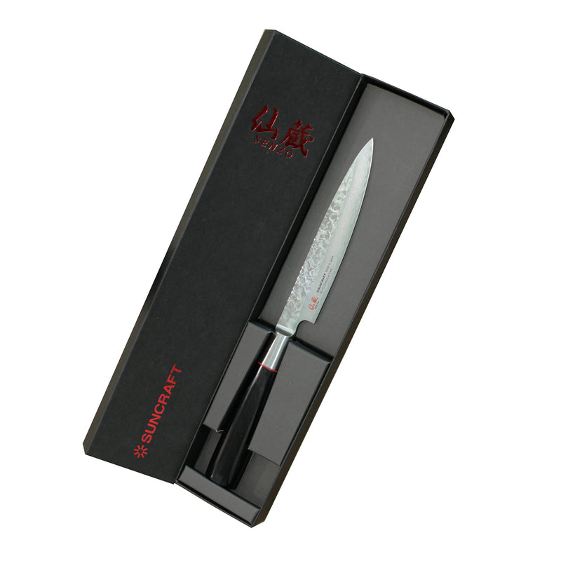 Suncraft Senzo Damascus vihannesveitsi lahjapakkauksessa. 12 cm VG10-terä, pakkapuukahva ja japanilainen käsityö.