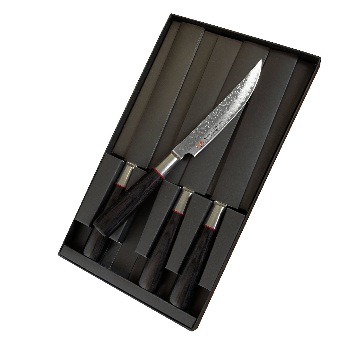 Suncraft Senzo Damascus pihviveitsisarja 4 kpl avatussa lahjapakkauksessa, täydellinen lahja laatutietoiselle kokille