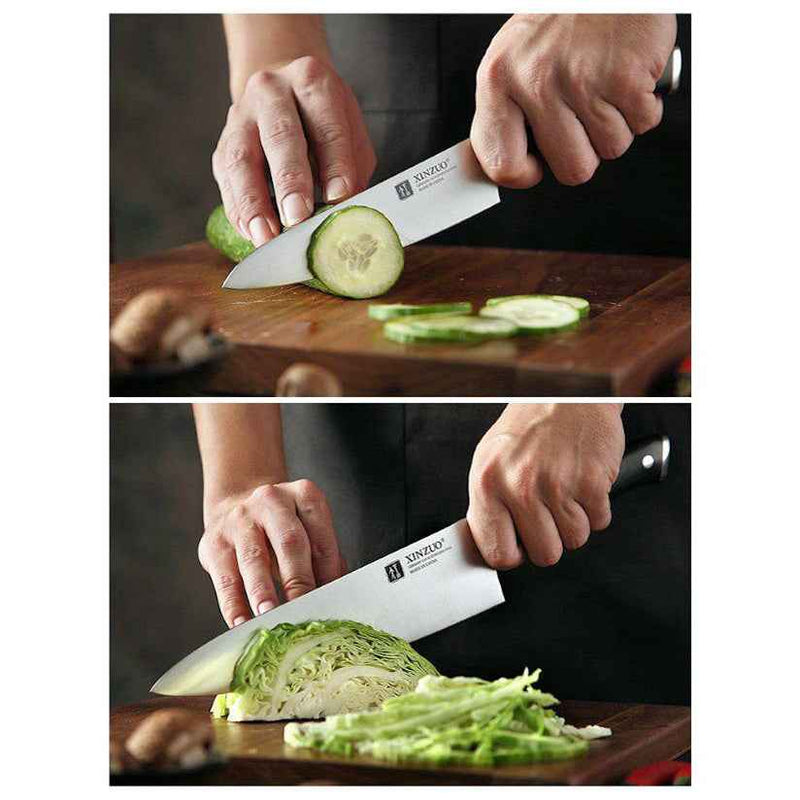 Xinzuo Yu veitsisetti - kolmen keittiöveitsen setti sisältää kokkiveitsen, santokuveitsen ja vihannesveitsen. Saksalainen teräs ja eebenpuukahva takaavat tarkan leikkuun.
