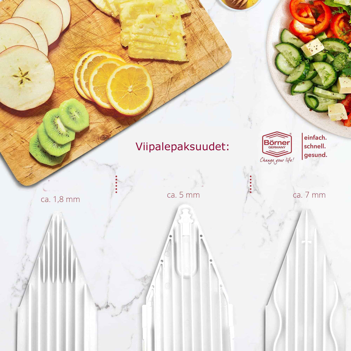 Börner V3 Mandoliinin viipalointiterät eri paksuuksilla: 1,8 mm, 5 mm ja 7 mm, esimerkkejä hedelmien ja vihannesten viipaloinnista.