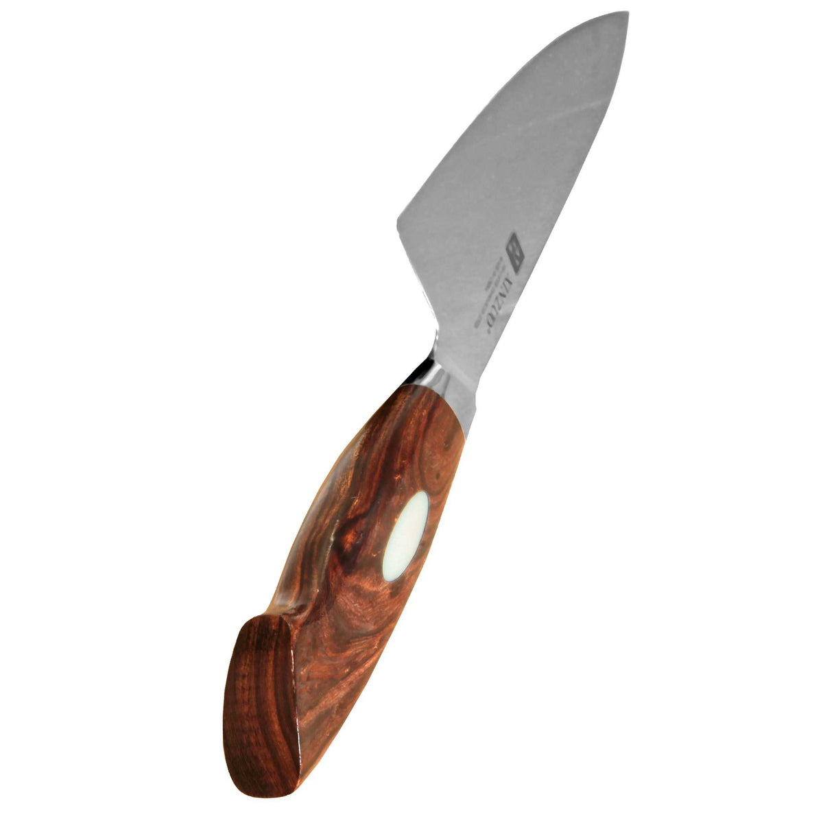 XINZUO Jiang Damaskus Santokuveitsi, 18 cm, kuvattuna kahvasta käsin, korostaa ergonomista puukahvaa ja tasapainoa.