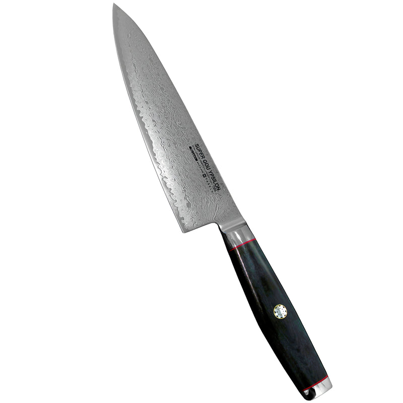 Yaxell Super Gou Ypsilon kokkiveitsi - Tehokas 20 cm veitsi, Damaskusterä ja ergonominen kahva, huippuluokan keittiöveitsi vaativaan käyttöön.