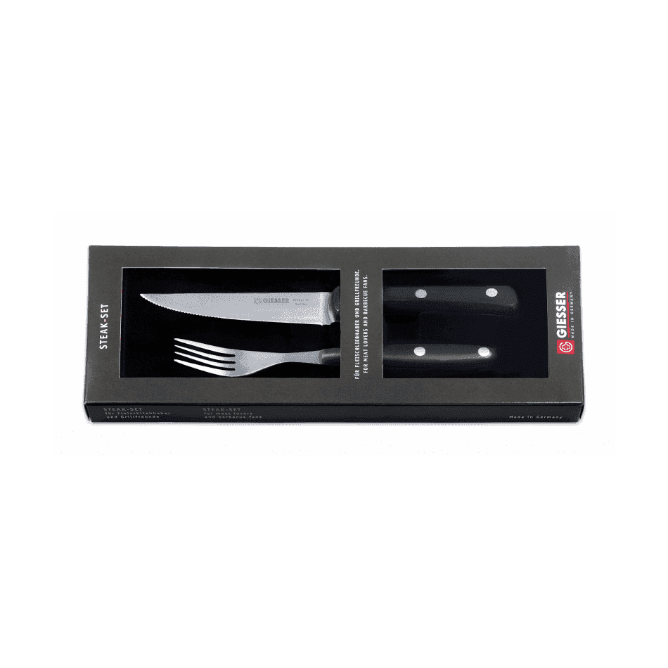 Giesser Pihviveitsisarja - Tyylikäs ja Kestävä 2-osainen Setti mustassa lahjarasiassa, ergonomiset palisanteri-puukahvat ja terävät terät.
