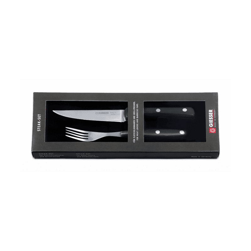 Giesser Pihviveitsisarja - Tyylikäs ja Kestävä 2-osainen Setti mustassa lahjarasiassa, ergonomiset palisanteri-puukahvat ja terävät terät.