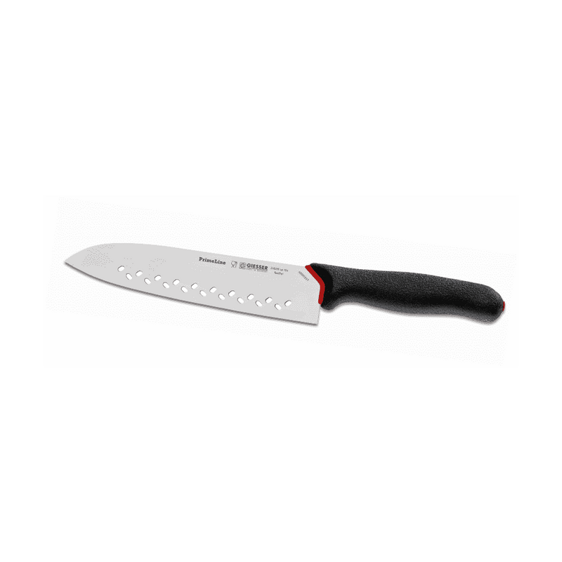 Giesser PrimeLine Santoku veitsi 19 cm, kevennetty terä vähentää vastusta, täydellinen vihannesten silppuamiseen ja siivuttamiseen.