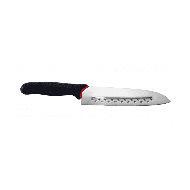 Japanilainen Giesser Santoku kokkiveitsi 19 cm, terässä reiät ruoan tarttumisen estämiseksi, musta ergonominen kahva.