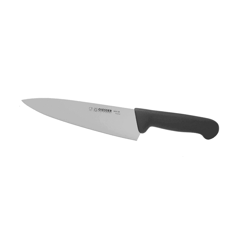 Giesser Kokkiveitsi - Leveä Terä | Useita Kokoja, mustalla kahvalla. Ammattikäyttöön suunniteltu länsimaalainen kokkiveitsi keittiöön.