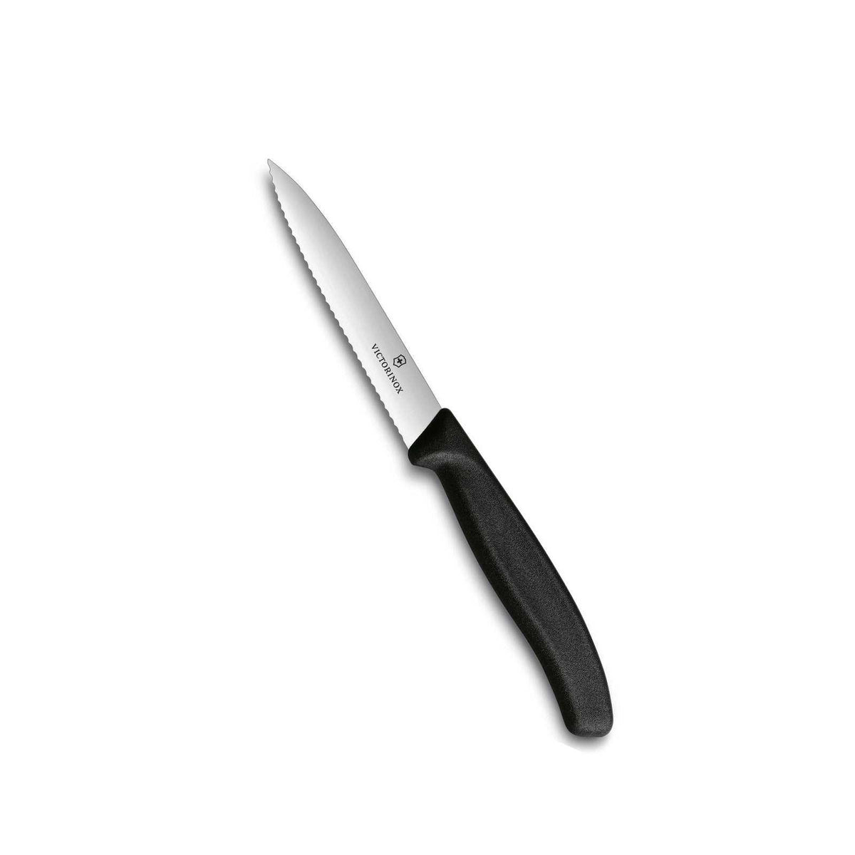 Victorinox Kuorimaveitsi Sahalaita - 10 cm, musta kahva ja terävä sahalaitainen terä. Täydellinen vihannesten ja hedelmien kuorimiseen.
