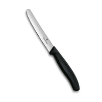 Victorinox tomaattiveitsi - Swiss Classic | 11 cm terä, musta kahva, sahalaitainen ruostumaton terä keittiökäyttöön.