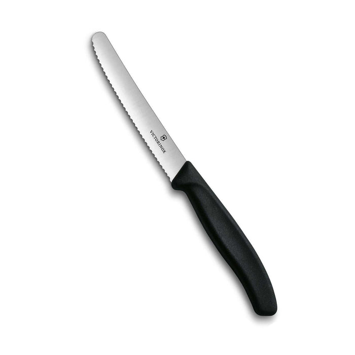 Victorinox tomaattiveitsi - Swiss Classic | 11 cm terä, musta kahva, sahalaitainen ruostumaton terä keittiökäyttöön.