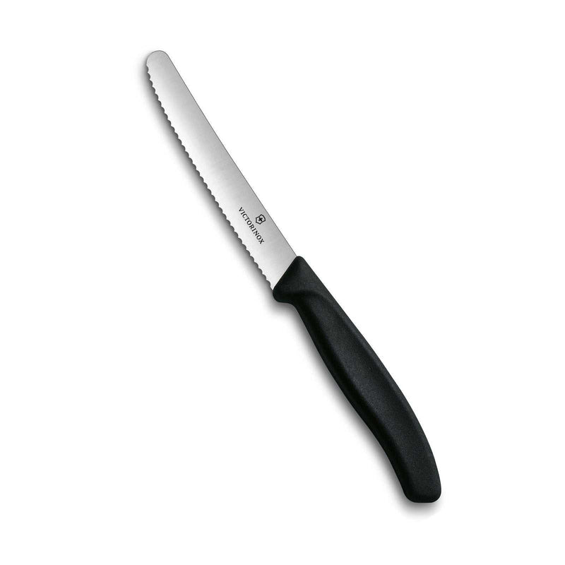 Victorinox tomaattiveitsi - Swiss Classic | 11 cm terä, musta kahva, sahalaitainen ruostumaton terä keittiökäyttöön.