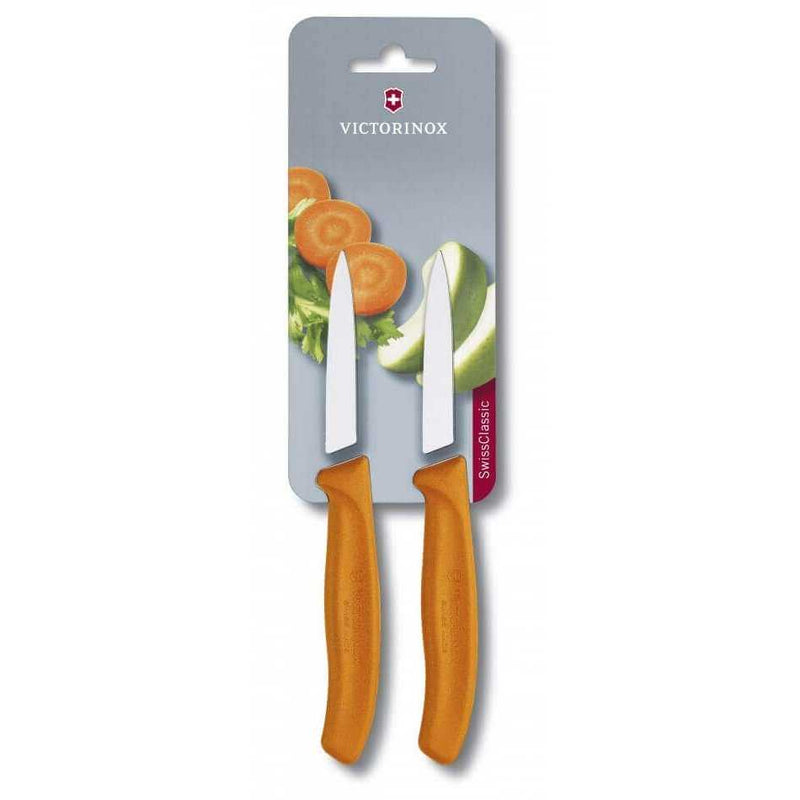 Victorinox Kuorimaveitsi Setti - 8 cm, 2 kpl Swiss Classic oranssilla kahvalla, käytännöllinen valinta keittiöön.
