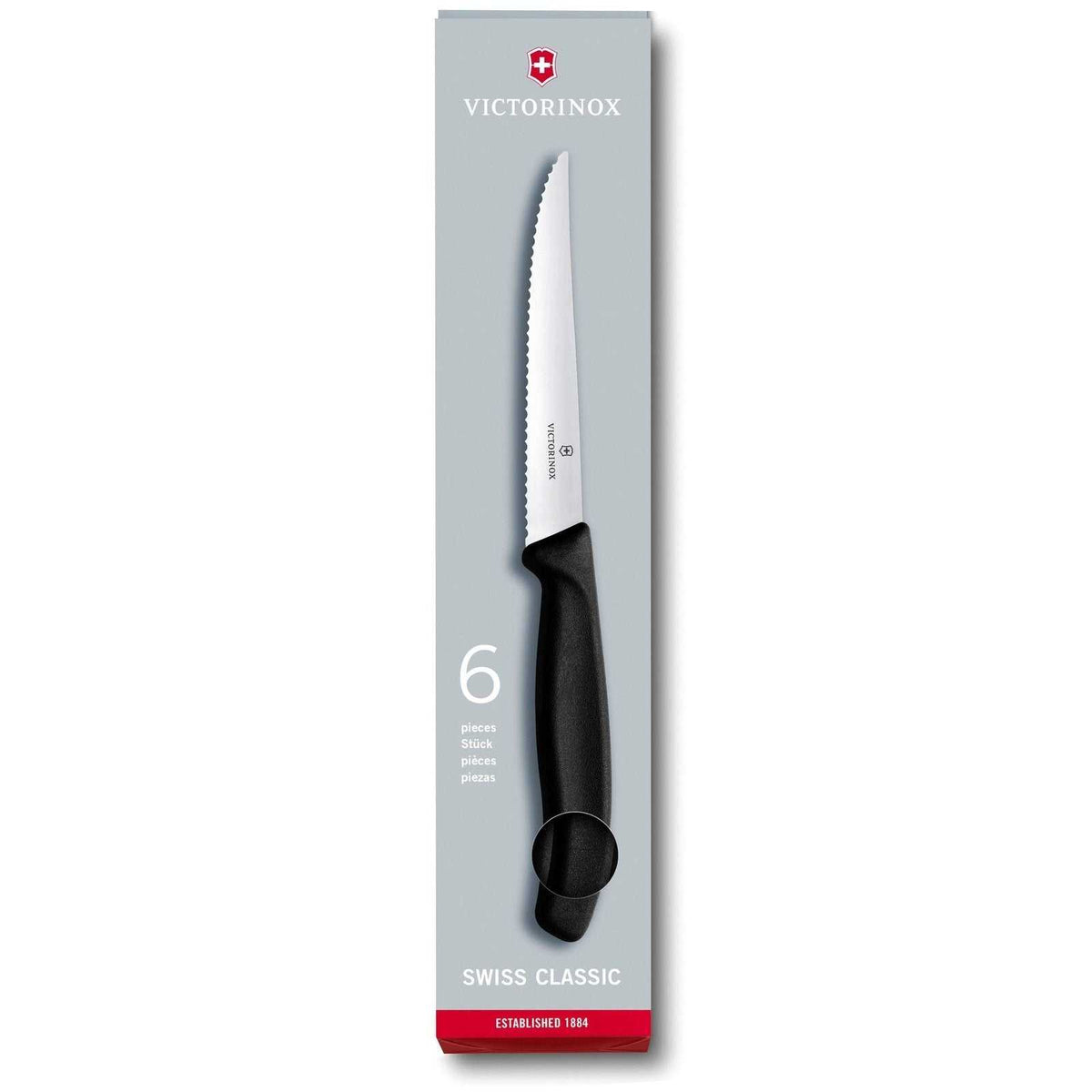 Victorinox Swiss Classic Pihviveitsisarja 6kpl pakkauksessa. Veitset sopivat täydellisesti ruokapöytään ja tarjoavat terävän leikkuujäljen.