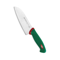 Sanelli Santoku kokkiveitsi 16 cm terällä, ergonominen vihreä kahva ja ruostumaton terä. Sopii tarkkaan ja monipuoliseen ruoanlaittoon.