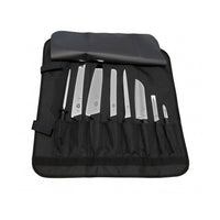 Täyteen ladattu veitsilaukku 8 veitselle, sisältää erilaisia keittiöveitsiä ja teroitustikun, järjestettynä mustiin taskuihin.