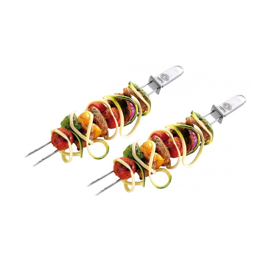 Gefu Varrastikku Twinco - kaksipiikkinen varras 2 kpl, ruostumatonta terästä, täytetty vihanneksilla ja lihapaloilla, keittiöväline grilliin.
