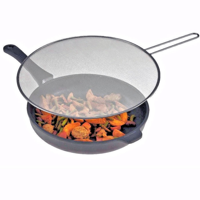 Westmark Picante roiskeritilä 30cm ruostumatonta terästä paistinpannun päällä estämässä rasvaroiskeita ja sallimassa höyryläpikulun