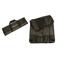 Arcos Veitsipussi 8:lle veitselle - Kestävä Laukku suljettuna ja avattuna, musta polyesterikangas, tilaa veitsille ja pienvälineille.