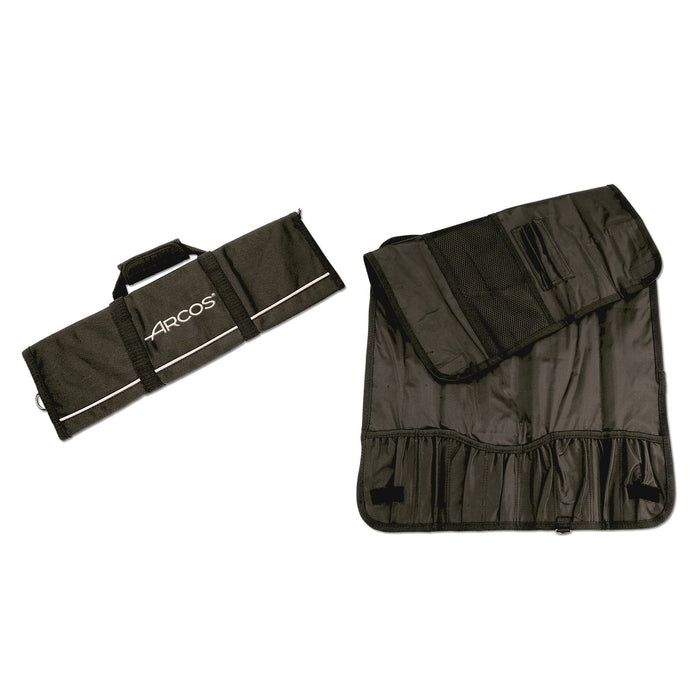 Arcos Veitsipussi 8:lle veitselle - Kestävä Laukku suljettuna ja avattuna, musta polyesterikangas, tilaa veitsille ja pienvälineille.