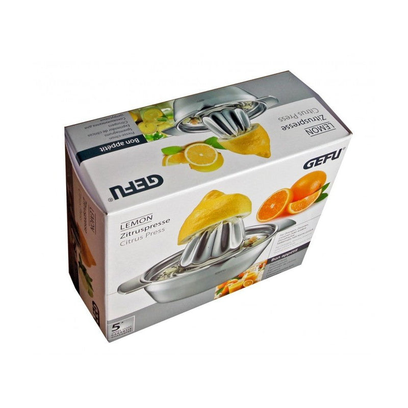 Gefu LEMON sitruspuristin pakkauksessa, kuvassa sitruunan ja appelsiinin puristus. Ruostumaton keittiöväline sitrushedelmille.