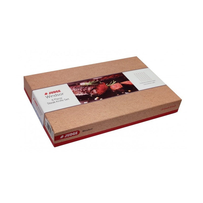 Judge Windsor pihviveitsisarja 6 kpl suljetussa lahjapakkauksessa, etiketissä kuva pihvistä ja tuotetiedot.