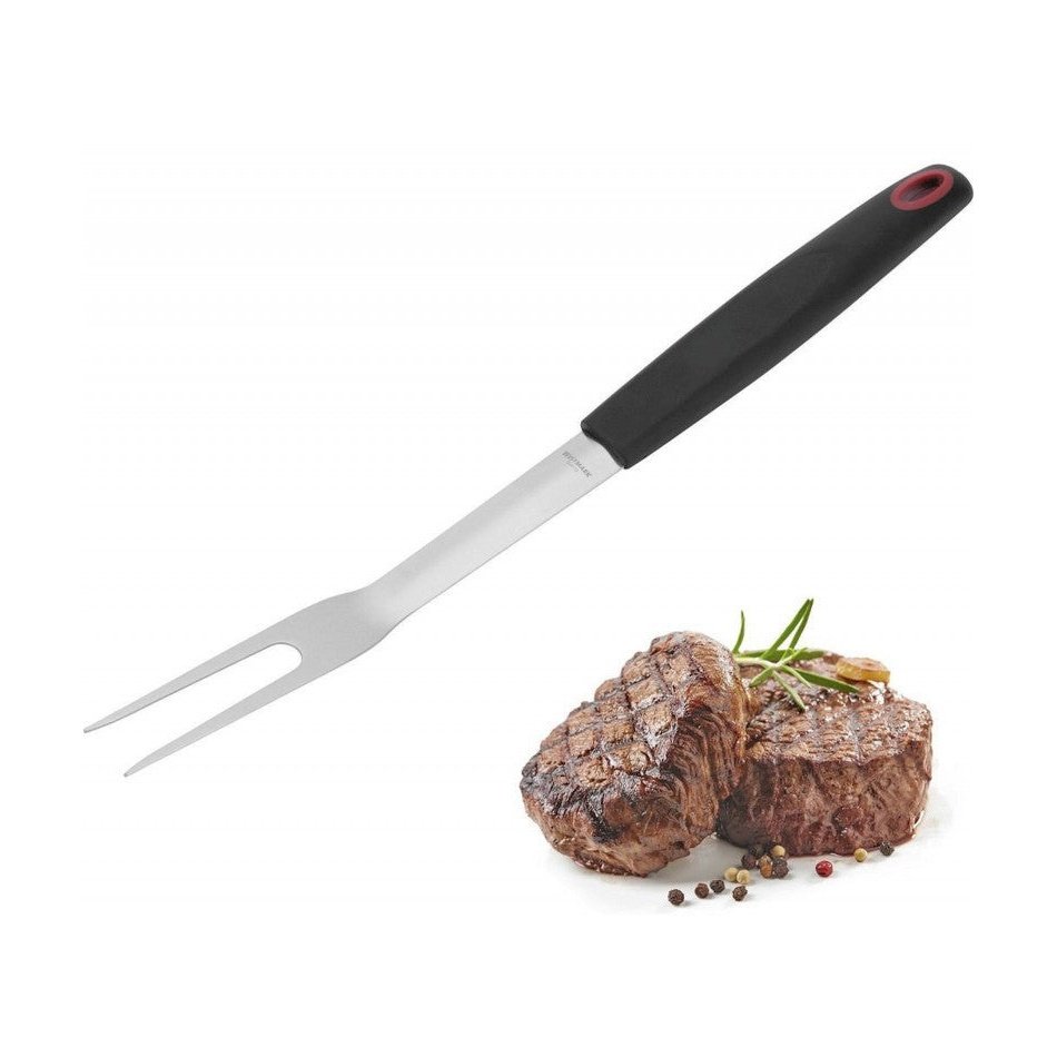 Westmark Grillihaarukka 40,5 cm - Ruostumaton ja Kestävä grillausväline esillä mehukkaan pihvin vieressä, ihanteellinen lihan käsittelyyn.