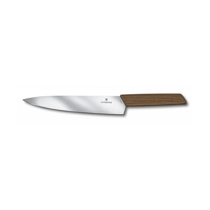 Victorinox kokkiveitsi 22 cm terällä, Swiss Modern -sarjan keittiöveitsi jalopähkinäpuukahvalla, erinomainen valinta kotikokille.