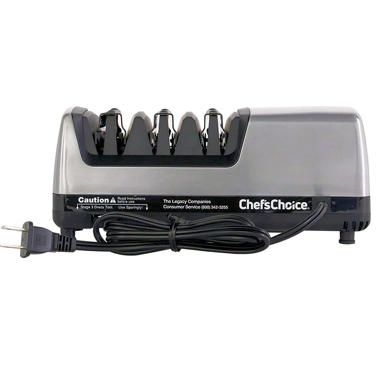 Chef's Choice Trizor XV - Huipputehokas sähköinen teroituskone takaa, jossa näkyy virtajohto ja varoitustekstit.