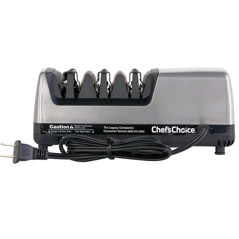 Chef's Choice Trizor XV - Huipputehokas sähköinen teroituskone takaa, jossa näkyy virtajohto ja varoitustekstit.