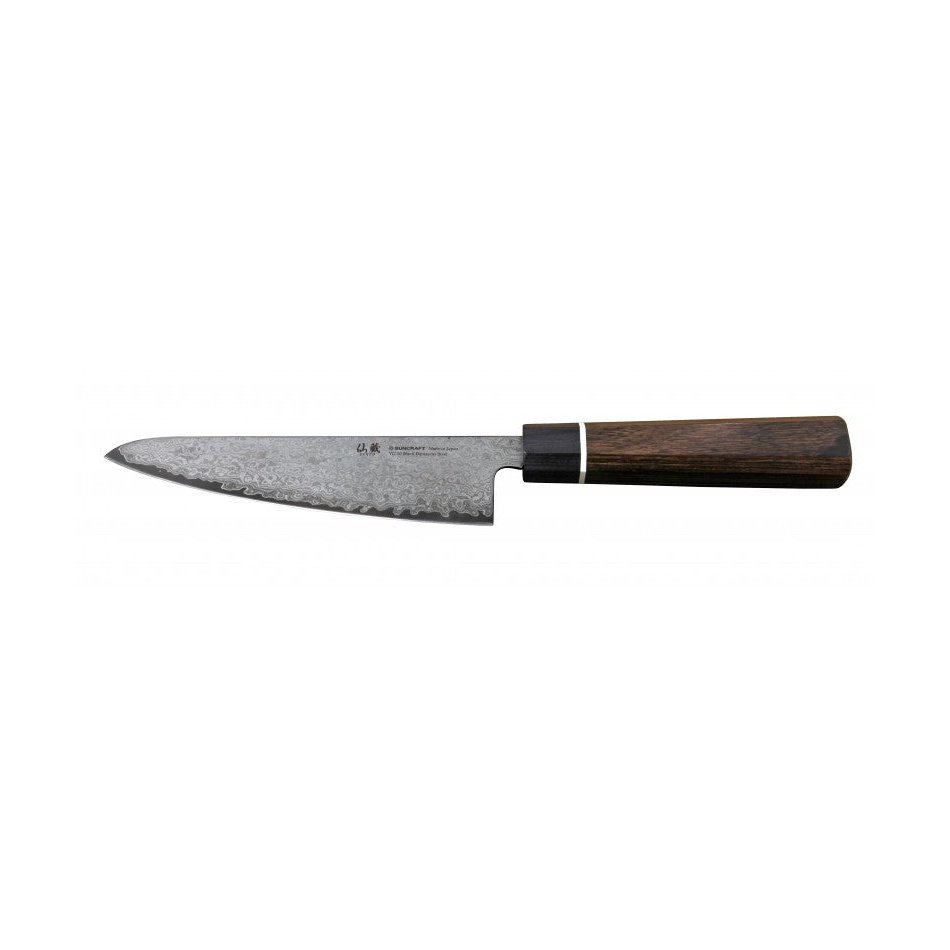 Sivuprofiili Suncraft Senzo Mini Santoku -veitsestä, 14 cm, VG10-teräs, puinen kahva, japanilainen käsityö.