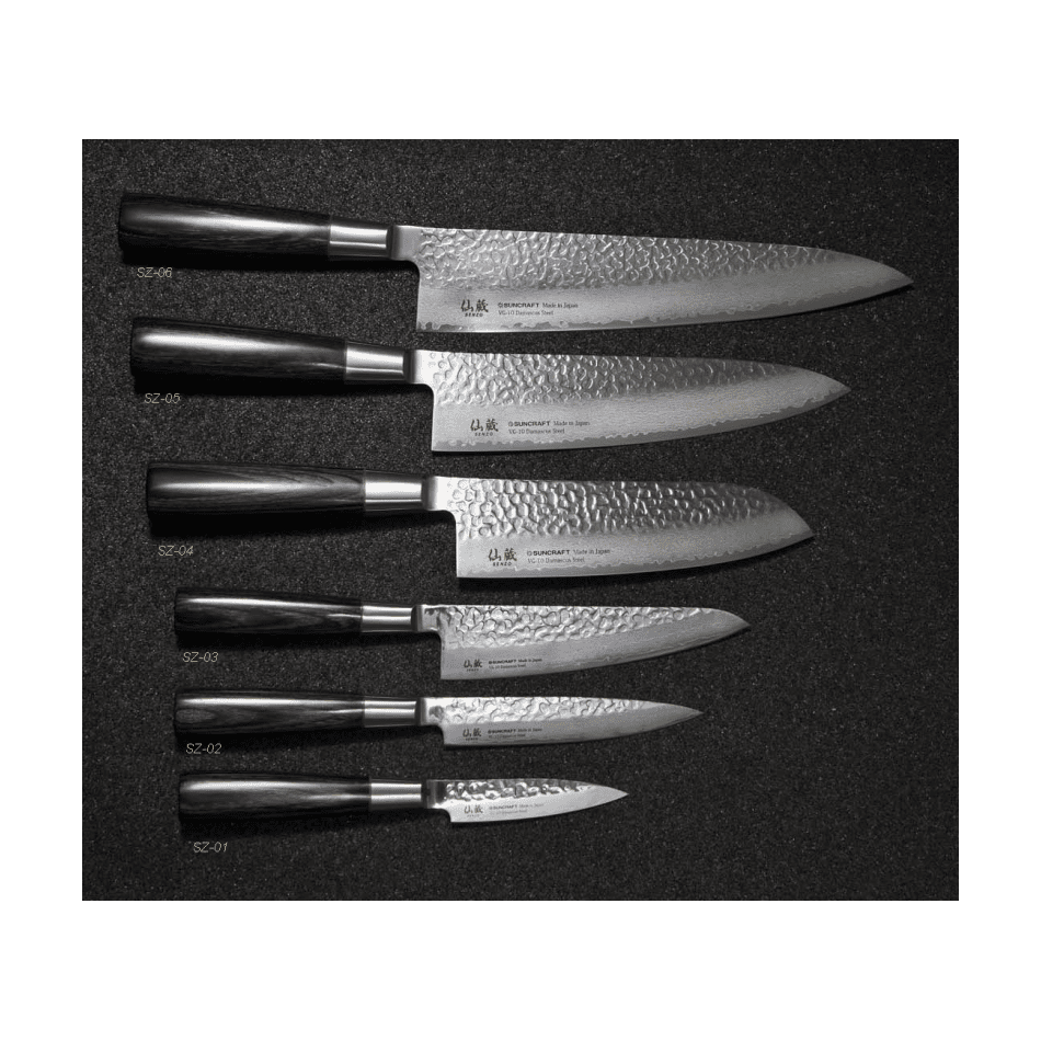 Suncraft Senzo Damascus veitsisarja. Japanilainen VG10-teräs, pakkapuukahvat ja ainutlaatuinen kuviointi.